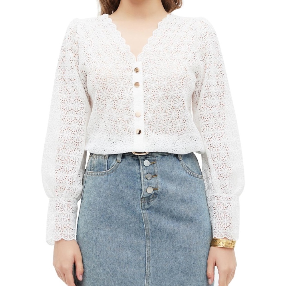 Women's Long Sleeve Shirt with Lace Collar, Embroidery Blouse